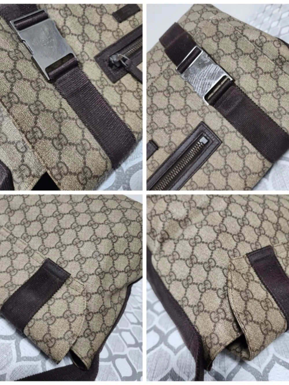 Authentic GUCCI GG Plus Monogram Double Buckle Flap Messenger Bag Beige/Brown
